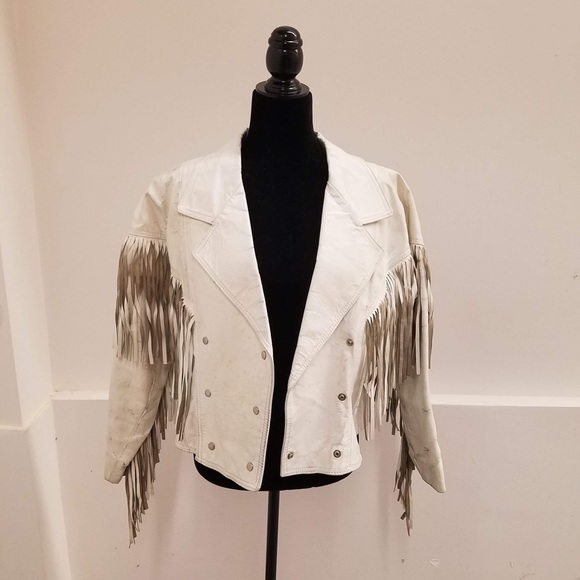 UNISEX COWBOY BEIGE WESTERN LEATHER JACKET WITH FRINGE - Picture 2 of 13